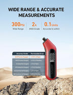 Digital Tire Pressure Gauge 3-300PSI Calibrated to ANSI B40.7 Grade 2A (0.5%), Backlight and Flashlight, Presta Valve Adaptor Included, 4 Units, AAA Batteries, Red