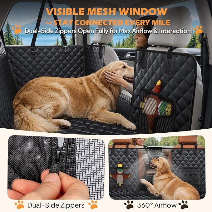 Hard Bottom Dog Car Seat Cover, Back Seat Extender for Dogs Holds 500lbs | Honeycomb board, Waterproof, non-slip dog hammock for car SUV back seat, fits most cars, Mesh window & 2 storage pockets