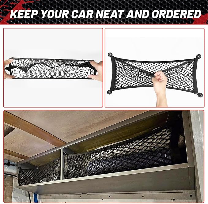 2 Pcs Universal Elastic Mesh Netting Car Pouch for Trunk RV Boats Home Cargo Storage with Screws and Hooks (23.6'' x 9.8'')