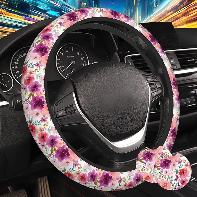 Watercolor Peony Floral Steering Wheel Cover for Women, Anti-Slip Car Steering Wheel Cover with 2 Pcs Cup Holders Neoprene Breathable Car Accessories Universal 15 Inch Auto Interior Decor