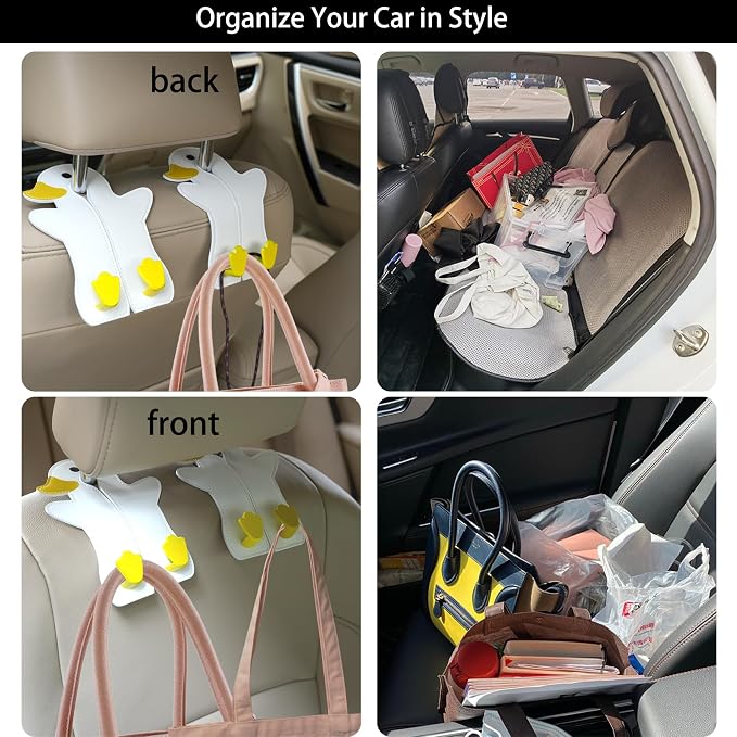 Car Seat Back Hooks - Double Hook Headrest Hanger for Purse, Bags, Groceries & Phone Holder - Universal Fit for Car, SUV, Truck - Heavy Duty Metal & Premium Leather Organizer