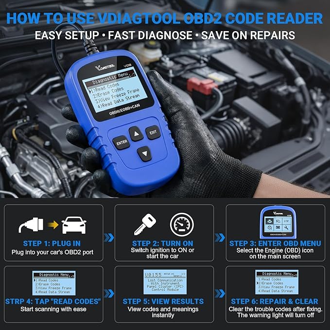 VD10 OBD2 Scanner Code Reader Car Diagnostic Tool Engine Fault Code Reader for Turn Off CEL with Freeze Frame/I/M Readiness for All OBDII Protocol Cars, OBD2 Scanner Diagnostic Tool