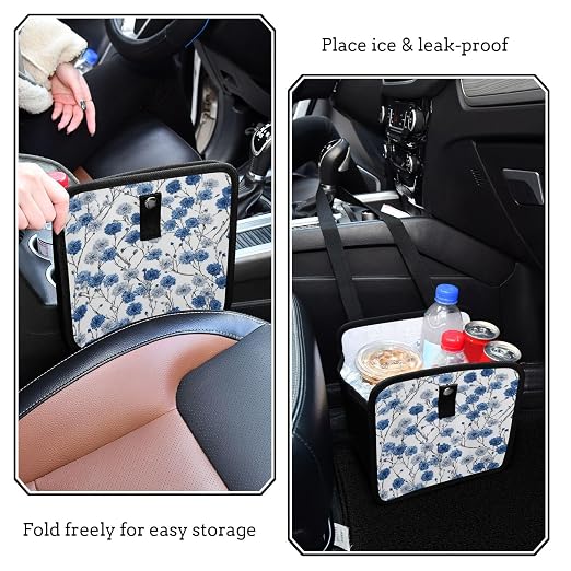 Car Trash Can Organizer Bin with Adjustable Strap for Back Front Seat Console Waterproof Leakproof Collapsible Portable 8.66 Inch Chinese Blue White Cornflower