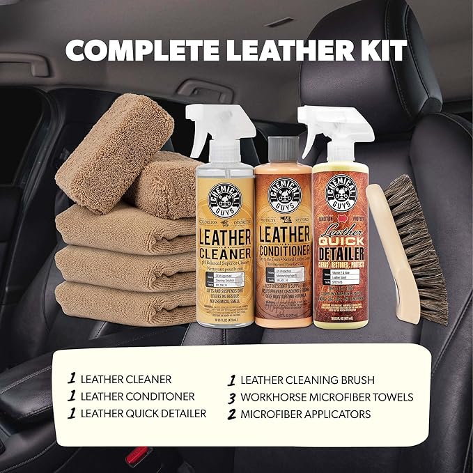 Leather Cleaner and Conditioner Detailing Kit - Leather Care Kit For Natural, Synthetic, Faux, Pleather, and More for Car Interiors, Apparel, Furniture, Boots & Accessories - 9 Items