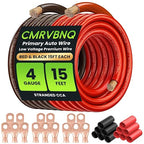 4 Gauge Battery Cable CCA Wire Kit, 15ft Each Red Black with Terminals Heat Shrink Tubes Low Voltage Primary Automotive Power Ground Cable for Car Audio Amp Subwoofer RV Wiring