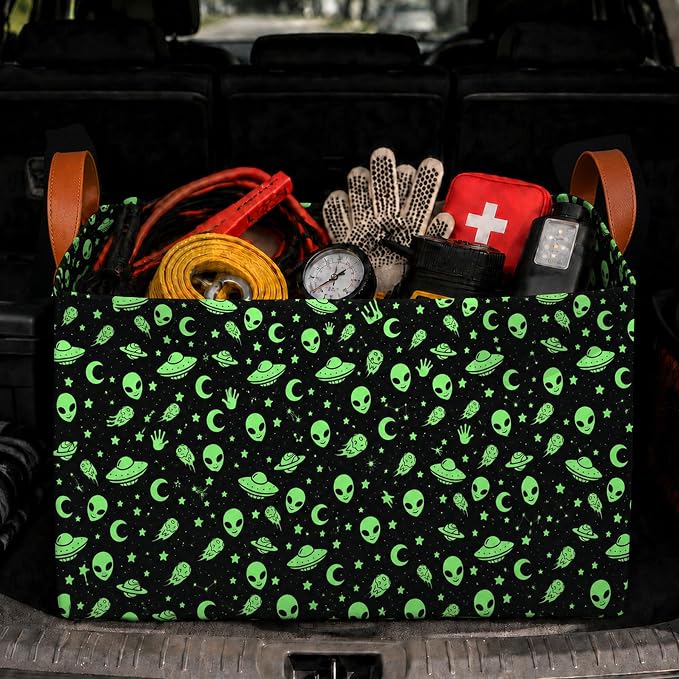 Alien Car Trunk Organizer,20L Collapsible Auto Storage Basket with Handles, Waterproof Reusable Shopping Grocery Bags for SUV, Truck, Green Aliens Cars Boot Organizer Gifts for Women Men Drivers
