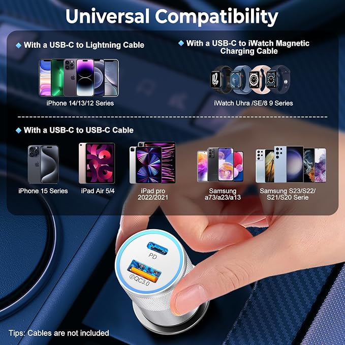 3-Pack Car Charger, 38W Dual Port Fast Charge PD & QC 3.0 Car Adapter Cigarette Lighter USB Plug for iPhone 16/15/14/13 Pro Max, iPad, Galaxy S25/S24/S23 and More (White)