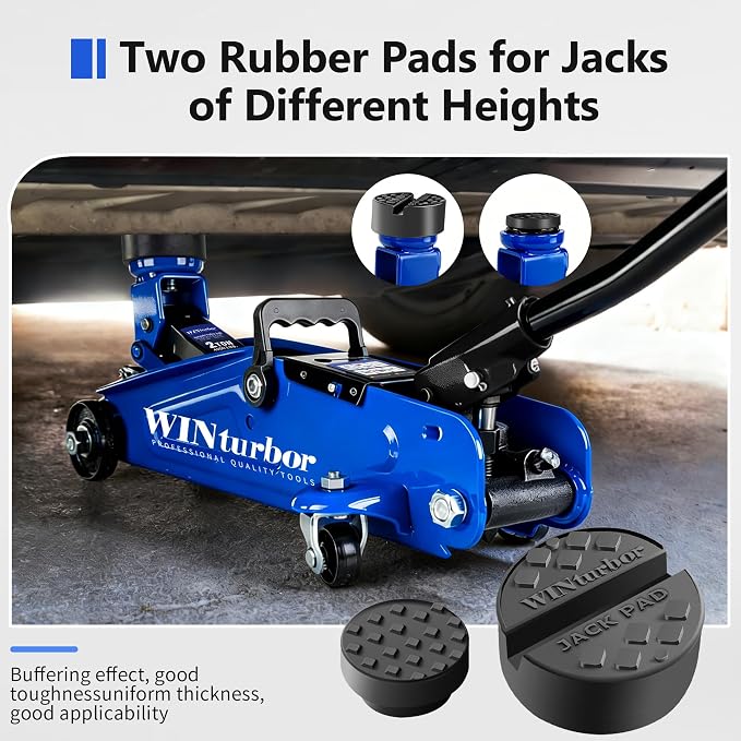 2 Ton Low Profile Floor Jack, 4000 lbs, with 2 Pads & Bag – Blue | Steel floor jack, 5.3"-13" lift. Overload valve. Smooth casters. For garage, workshop & auto.