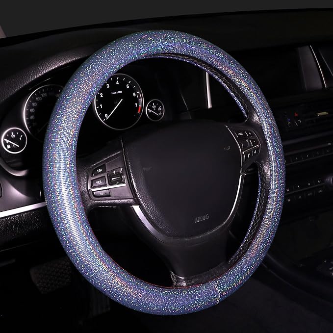 Bling Steering Wheel Cover, Bling Crystal Rhinestone Car Steering Cover Universal 14.2-15.3 inch Glitter Car Wheel Cover Sparkling Accessories （Blue）