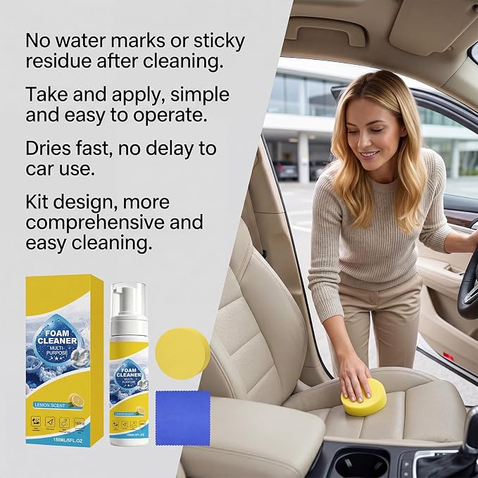 Car Interior Cleaner Foam Kit with Sponge & Towel, Multi Purpose Foam Cleaner for Leather, Fabric, Plastic & Upholstery, Deep Cleaning Car Dashboard Seats Carpet Headliner, Lemon Fresh Scent