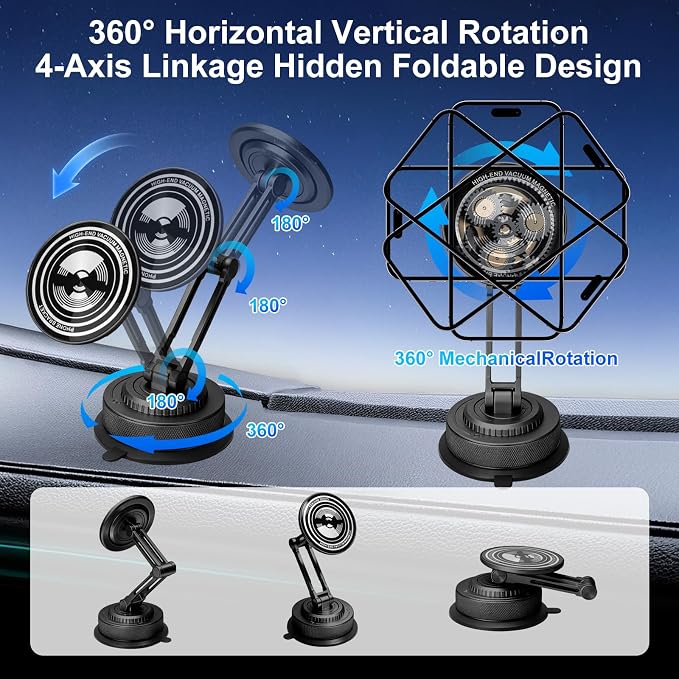 PIEPIE All-Metal Alloy Long Arm Magnetic Suction Cup Car Phone Mount(Black) | Strong Powerful Magnetic Heavy-Duty Windshield Dash 360° Mechanical Rotation Cell Mobile Phone Vehicle Bracket for All Cars