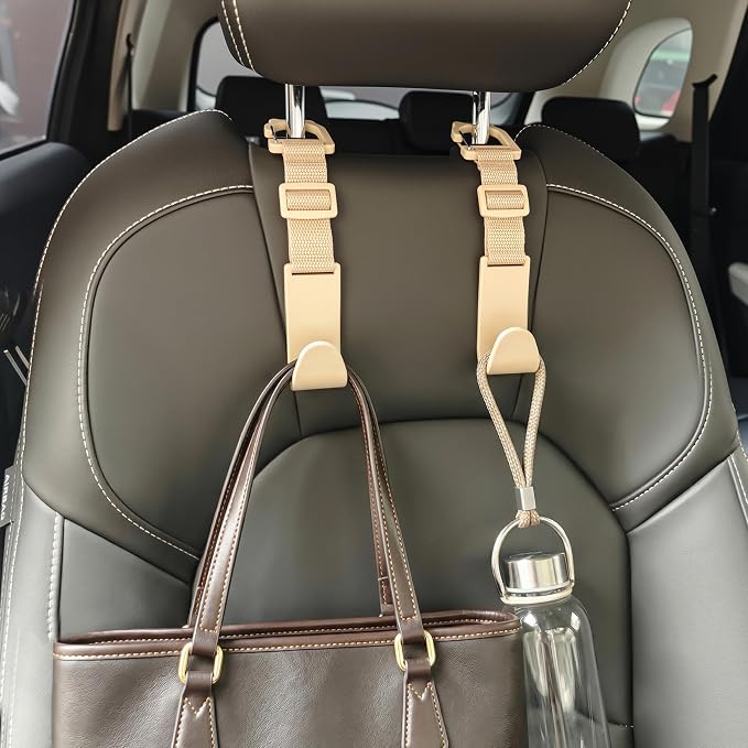 Car Headrest Hooks 4 Pack Adjustable Universal Fit Auto Seat Back Organizer Storage Hanger Purse Bags Holder with Clip Beige