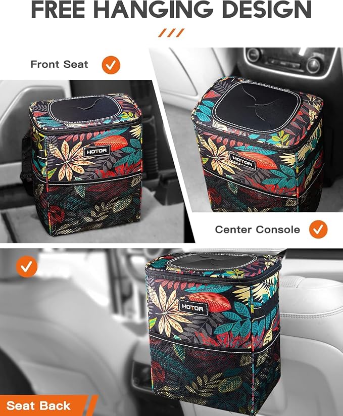 Car Trash Can with Lid and Storage Pockets - 100% Leak-Proof Organizer, Waterproof Garbage Can, Multipurpose Trash Bin for Car, 2 Gallons, Autumn Leaves