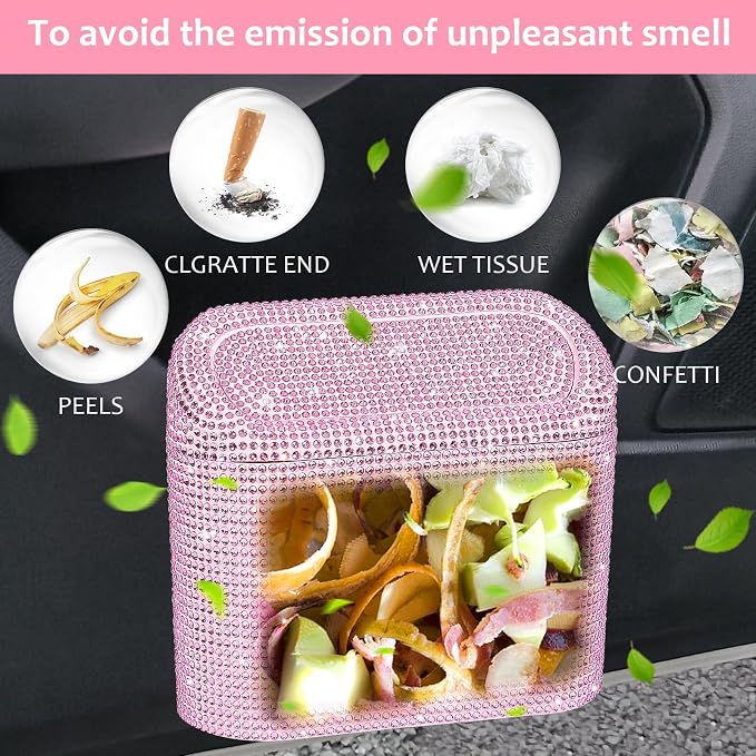 Bling Car Trash Can with Lid, Leak-Proof Mini Vehicle Trash Bin Automotive Dustbin Organizer Storage, Sparkling Crystal Trash Bag Container with 30pcs Garbage Bags for Car, Home, Office (Pink)