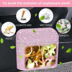 Bling Car Trash Can with Lid, Leak-Proof Mini Vehicle Trash Bin Automotive Dustbin Organizer Storage, Sparkling Crystal Trash Bag Container with 30pcs Garbage Bags for Car, Home, Office (Pink)