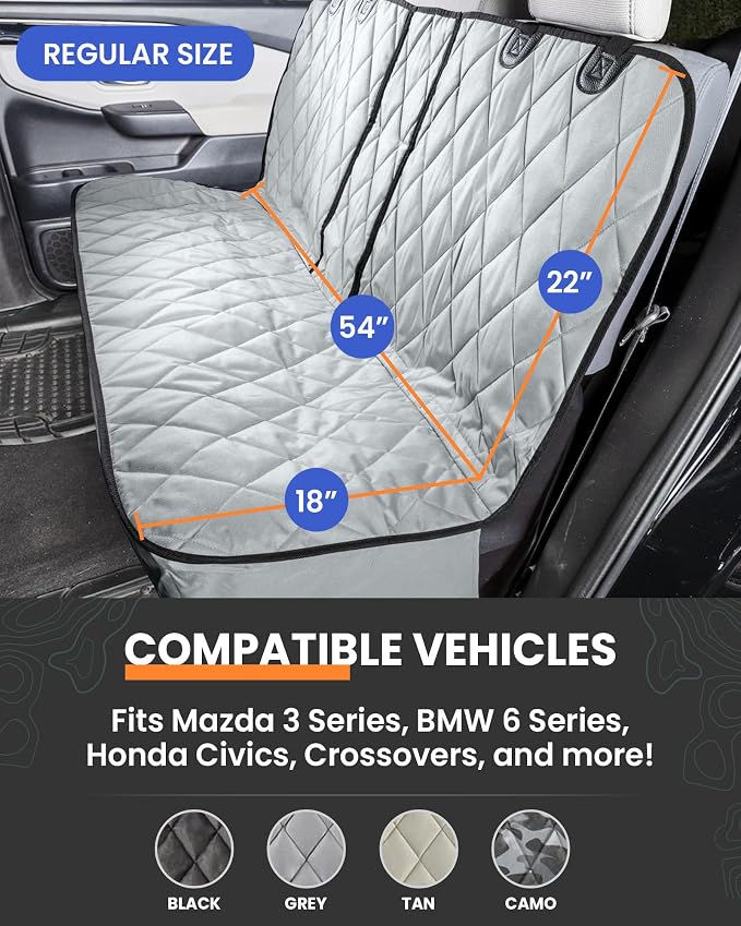 Dog Seat Cover for Back Seat, Heavy Duty Waterproof Rear Seat Protector for Small Trucks, SUVs, Cars - Fits 60/40 Split Bench with Middle Seat Belt, Non-Slip Dog Backseat Cover (Regular, Grey)