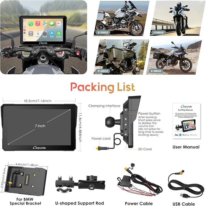 Carpuride W702B PRO Motorcycle Carplay Screen for BMW R1200GS R1250GS S1000XR Motorcycle, 7 inch Waterproof Touchscreen, Portable Carplay/Android Auto GPS Navigation for Motorbike, Dual Bluetooth