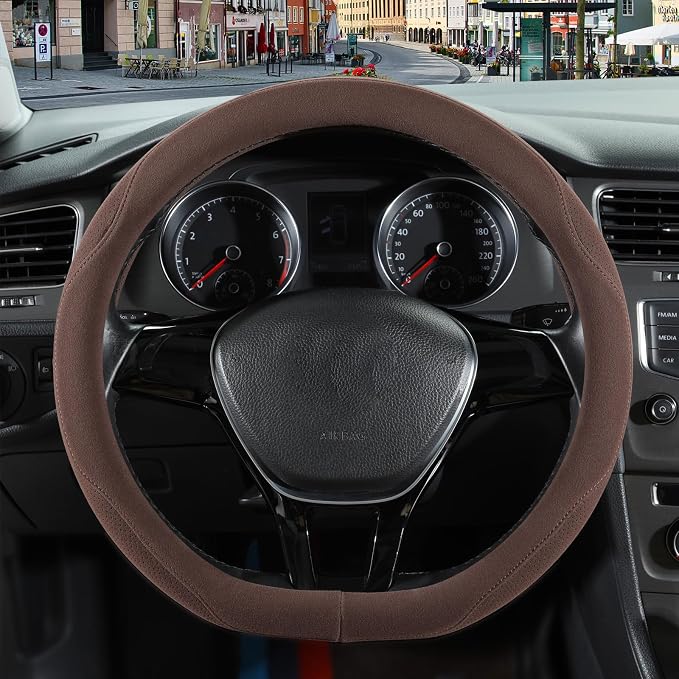 14 inch Brown Suede D Shaped Steering Wheel Cover, Breathable Non-Slip Sweat-Proof Wear-Resistant No Pilling, Warm in Winter and Cool in Summer