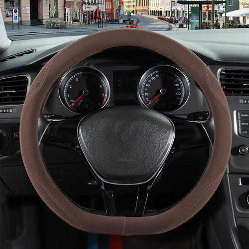 14 inch Brown Suede D Shaped Steering Wheel Cover, Breathable Non-Slip Sweat-Proof Wear-Resistant No Pilling, Warm in Winter and Cool in Summer