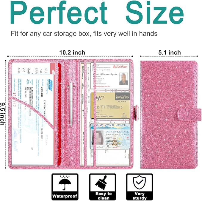 Car Registration & Insurance Holder - Leather Glove Box Organizer, Cool Accessories for ID, Driver's License Cards & Docs, Men & Women, Pink Glitter