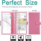 Car Registration & Insurance Holder - Leather Glove Box Organizer, Cool Accessories for ID, Driver's License Cards & Docs, Men & Women, Pink Glitter
