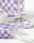 Preppy Cute Makeup Bag Travel Cosmetic Case Transparent Purple and Beige Checkered Toiletry Bag with Strap,Portable Make Up Organizer Traveling Compact Car Accessories for Girls