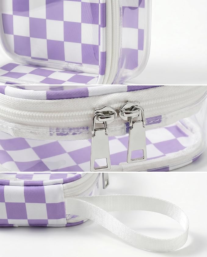 Preppy Cute Makeup Bag Travel Cosmetic Case Transparent Purple and Beige Checkered Toiletry Bag with Strap,Portable Make Up Organizer Traveling Compact Car Accessories for Girls