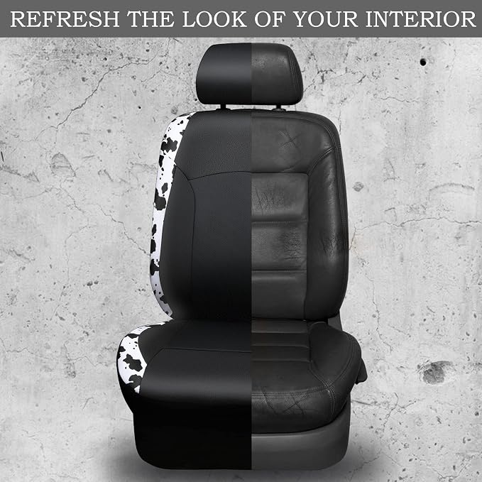Cow Print Car Accessories Sets Faux Leather Car Seat Covers & Cow Car Mats & Cow Steering Wheel Cover Seat Belt Pads Universal fit for SUV,Van,Saden,Truck Cute Automobile Interior Sets Women