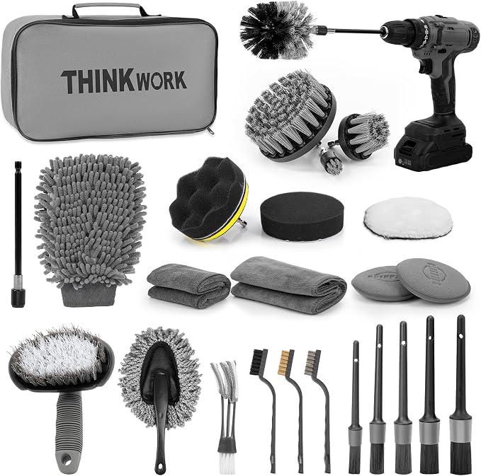 Car Detailing Kit, Car Detailing Brush Set, Car Cleaning Drill Brush Kit with Extension Pole, Professional Auto Detailing Supplies for Automobile Interior Exterior Wheels