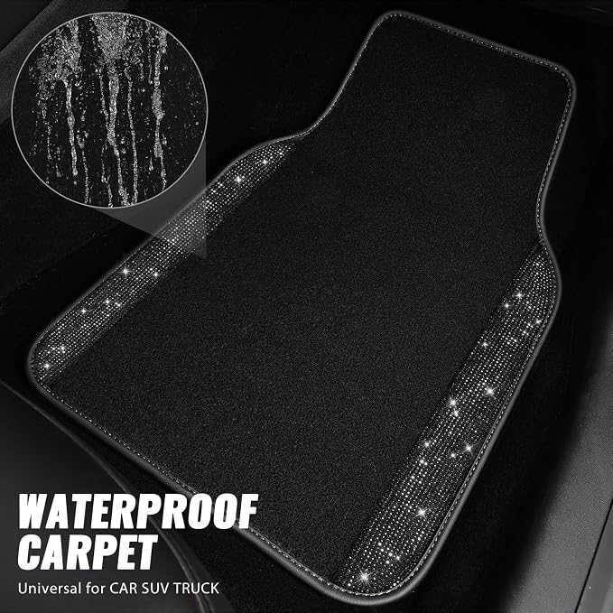 Bling Diamond Car Floor Mats, Sparkling Crystal Shining Glitter Rhinestone Carpet, Anti-Slip PVC Heel Pad Waterproof Universal for Automotive SUV,Sedan,Van,4pcs Girl Women Men Black Diamond