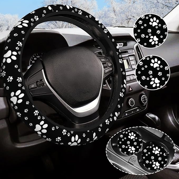 Paw Print Steering Wheel Cover for Women Men with 2 Pcs Car Coasters, Universal 14.5-15 Inch Cute Steering Wheel Covers Non-Slip Car Accessories for Girls
