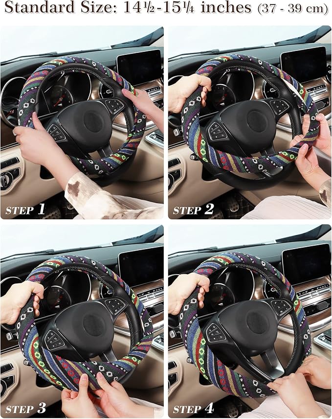 Boho Steering Wheel Cover with Baja Blanket Cloth, Ethnic Style Auto Wheel Cover Made of Coarse Flax, Fits 14 1/2-15 1/4 inches Car Wheel