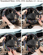 Boho Steering Wheel Cover with Baja Blanket Cloth, Ethnic Style Auto Wheel Cover Made of Coarse Flax, Fits 14 1/2-15 1/4 inches Car Wheel