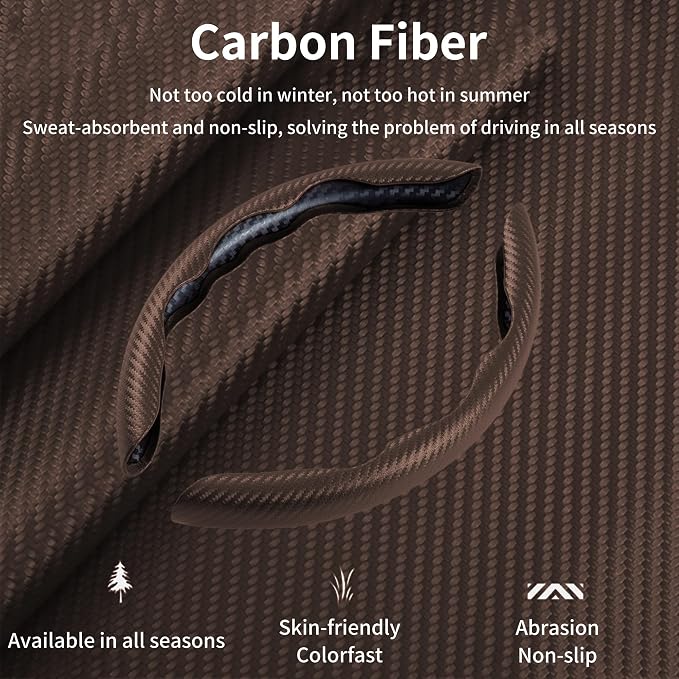 2Pc Carbon Fiber Steering Wheel Cover Universal Fit 99% Cars | Non-slip soft grip, easy to wipe clean, quick to install, perfect for daily commutes and road trips, Brown