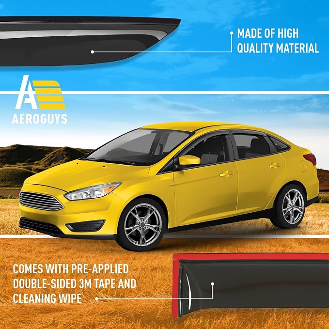 Extra Durable Window Deflectors Tape-On Window Visors Rain Guards Fit for Ford Focus 2012-2018 Sedan/Hatchback, Sun Visors, Wind Vent for Shades, Exterior Car Accessories - 4pcs. AG0947