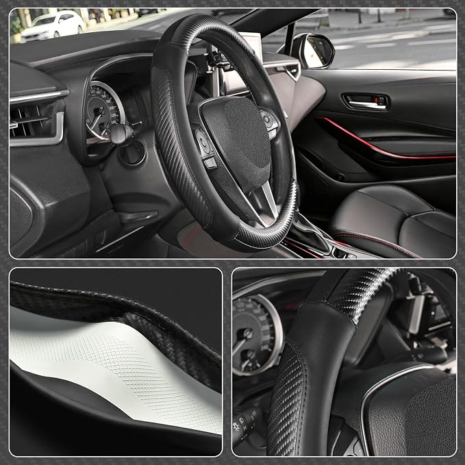 Car Steering Wheel Cover Small Size 14"-14 1/4" Black | For Model 3 Model Y Prius Civic Camaro Rogue, Non-Folding Packaging, Heavy duty, Microfiber Leather Carbon Fiber Pattern