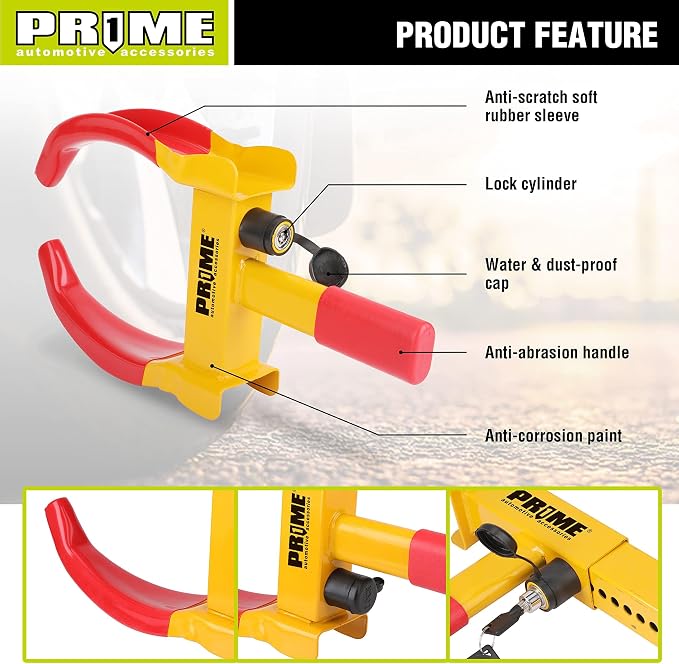 PR1ME Heavy Duty Wheel Lock Clamp with 2 Keys, Universal Anti Theft Trailer Wheel Lock for Cars SUV RV ATV Motorcycles &Golf Cart,High-Strength Carbon Steel with Soft PVC Coating,Fits 7" to 10.6" Tire