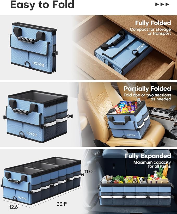 Car Trunk Organizer - Trunk Organizer for SUV with Removable Cooler Bag, Foldable Cover, 3 Compartment Car Storage Essential Car Accessories for Truck, Van & Sedan, Blue, 33.1" x 12.6" x 11.0"