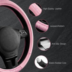 Steering Wheel Cover - Made with PVC Leather and Leopard Fabric - Universal 14 1/2 inches to 15 inches for Most Automotive Steering Wheel - Cheetah Print - All Pink
