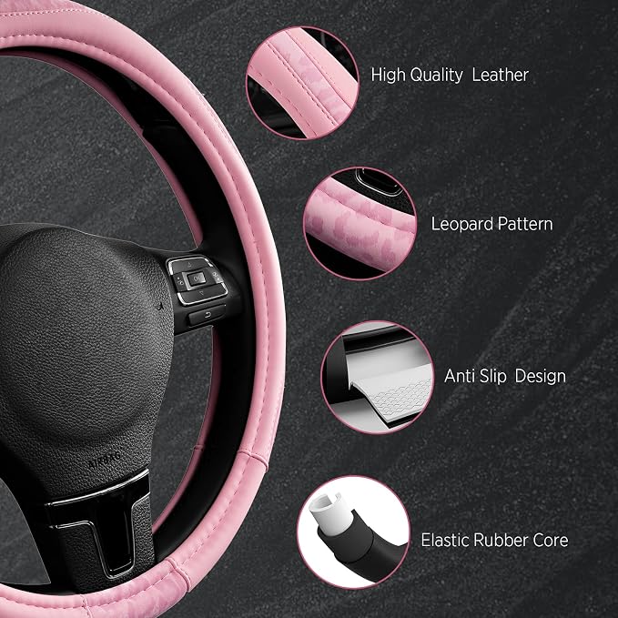 Steering Wheel Cover - Made with PVC Leather and Leopard Fabric - Universal 14 1/2 inches to 15 inches for Most Automotive Steering Wheel - Cheetah Print - All Pink