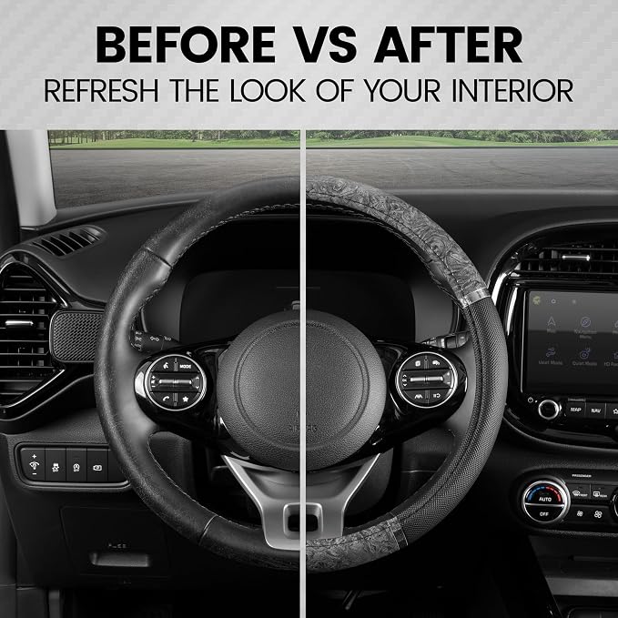 Chrome Wood Grain Black & Gray Steering Wheel Cover for Cars, Trucks, Van, SUVs - Elegant and Comfortable Grip Accessories