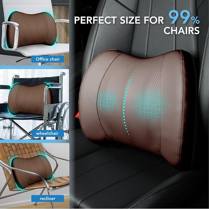 Lumbar Support Pillow for Car, Car Seat Back Support for Driving | Memory Foam Car Lumbar Support for Driving Seat, Car Back Cushion, Adjustable Straps, Lower Back Pillow, PU Leather, Brown