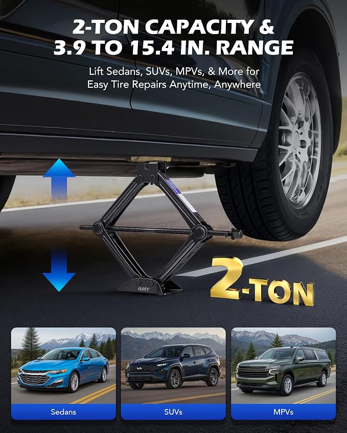 2 Ton Scissor Jack, 15 pc. Dual-Action Car Scissor Jack Kit for Sedan SUV MPV with Ratchet Wrench Drill Sockets, 4409 lb. Portable Car Jack and Stand Kit for Spare Tire Changing