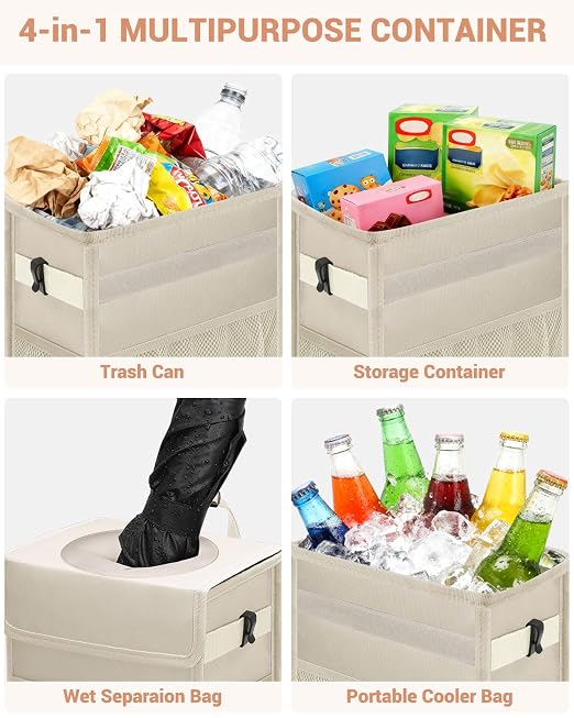 Car Trash Can with Lid, Leakproof Car Trash Bag Hanging Waterproof Automotive Garbage Can with Storage Pockets Mini Vehicle Trash Bin for Back/Front Seat(Beige,4 Gallon)