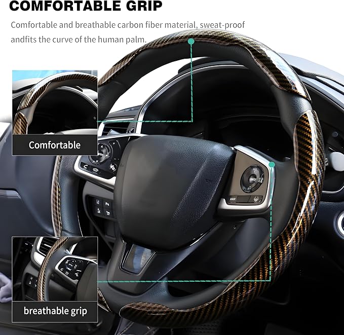 3PCS Carbon Fiber Steering Wheel Cover-Segmented Clip-On Design Anti-Slip & Scratch Resistant Universal Fit 14.5"-16" for Cars/Truck/SUV Great Gift for Men & Women