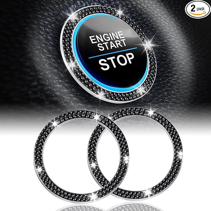 2 PCS Crystal Double Rhinestone Car Engine Start Stop Decoration Ring, Bling Car Interior Accessories for Women, Push to Start Button Cover Sticker, Automotive Decals, Black