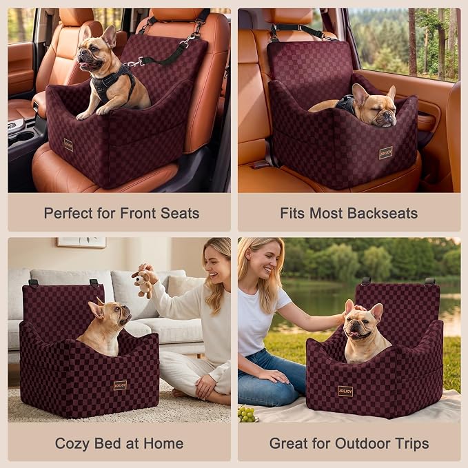Elevated Dog Car Seat for Small/Medium Dogs up to 36 lbs, Memory Foam Booster Seat with Detachable Washable Cover, Travel-Safe Car Bed with Safety Belts & Storage Pockets, Red