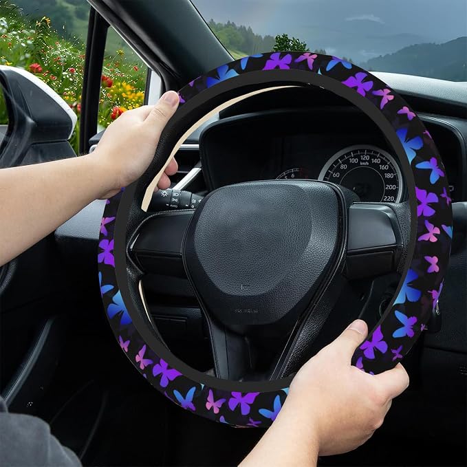 Colorful Butterflies Steering Wheel Covers Universal 15 Inch Car Wheel Cover,Anti-Slip Breathable Car Accessories Protector Fit for Trucks,Sedans,SUVs,Vans