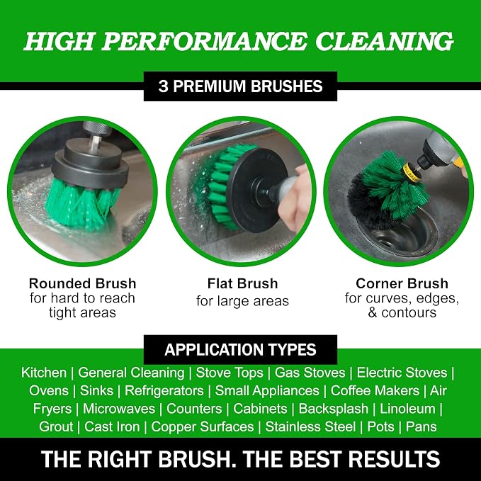 Green Kitchen Set – Drill Powered Cleaning Tools for Stainless Steel Sink, Copper Sink, Stove Top, Oven, Air Fryer & Cabinets – Must-Have Kitchen Accessories for Fast Cleaning