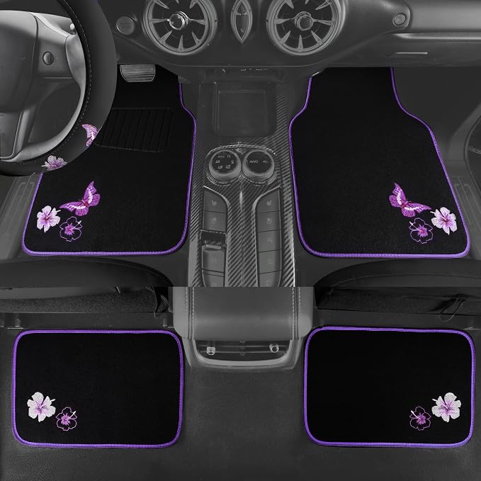 Butterfly Steering Wheel Cover and Waterproof Car Floor Mats,Purple Car Mats 14.5-15inch Steering Wheel Covers Universal Fit for Suvs,Sedans Cars,for Women Girl(Black and Purple)
